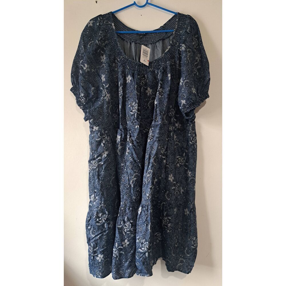 Torrid womens 2xl blue denim shift dress tiered boho pockets puff sleeve